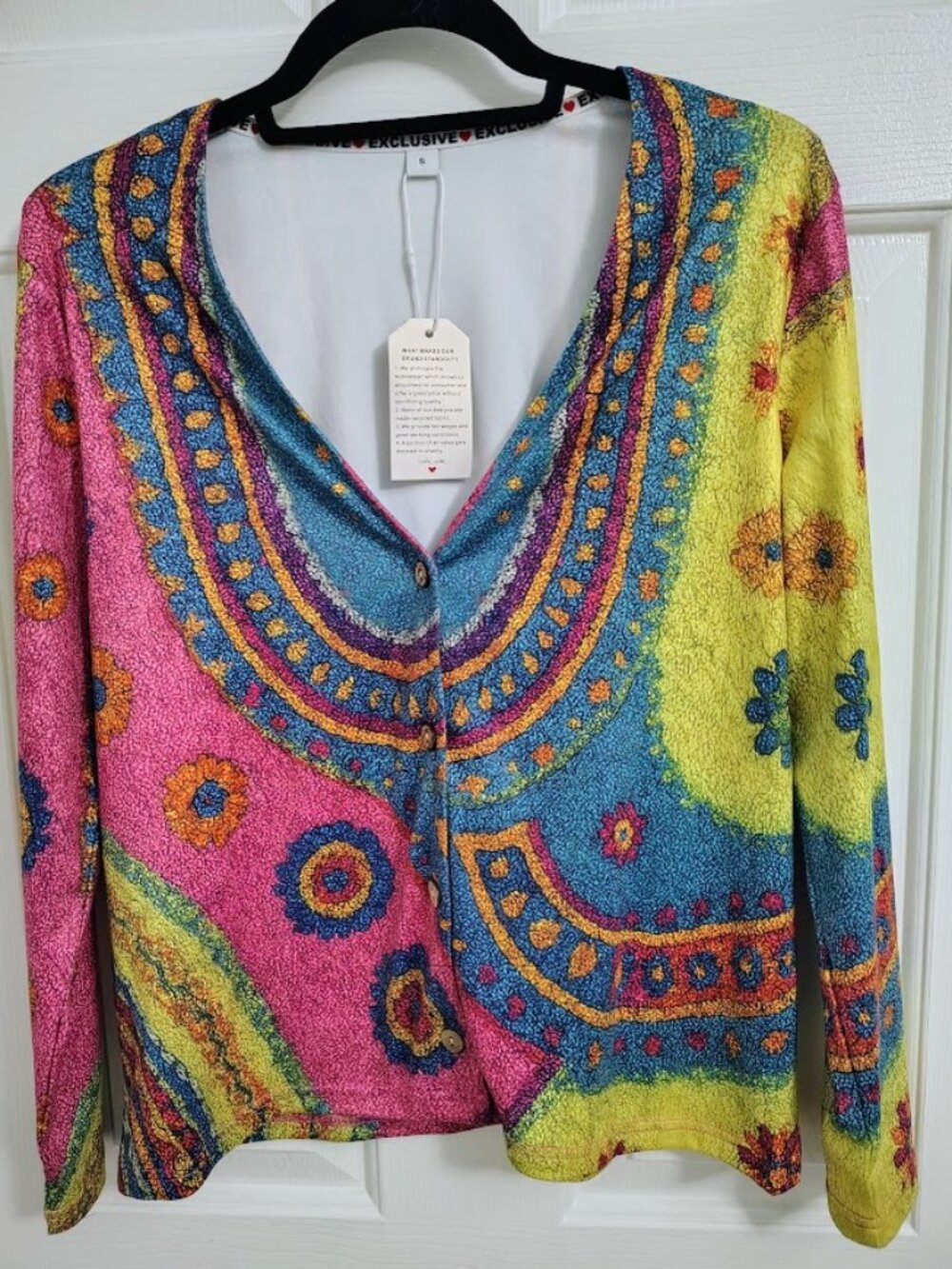Boho Colorful Patterned Top Long Sleeve Button Front Size Small NWT